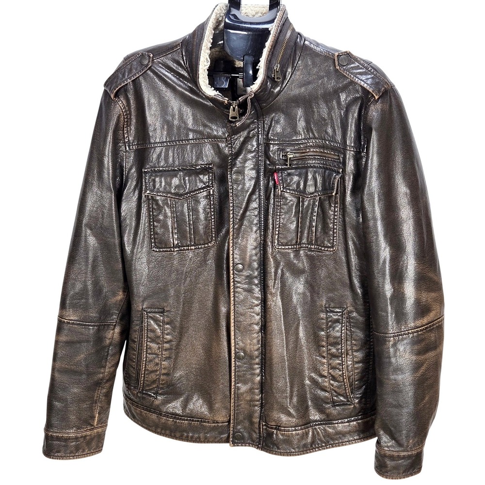 Men's VTG Levi's XL Brown Faux Leather Sherpa Lined Moto Bomber Jacket